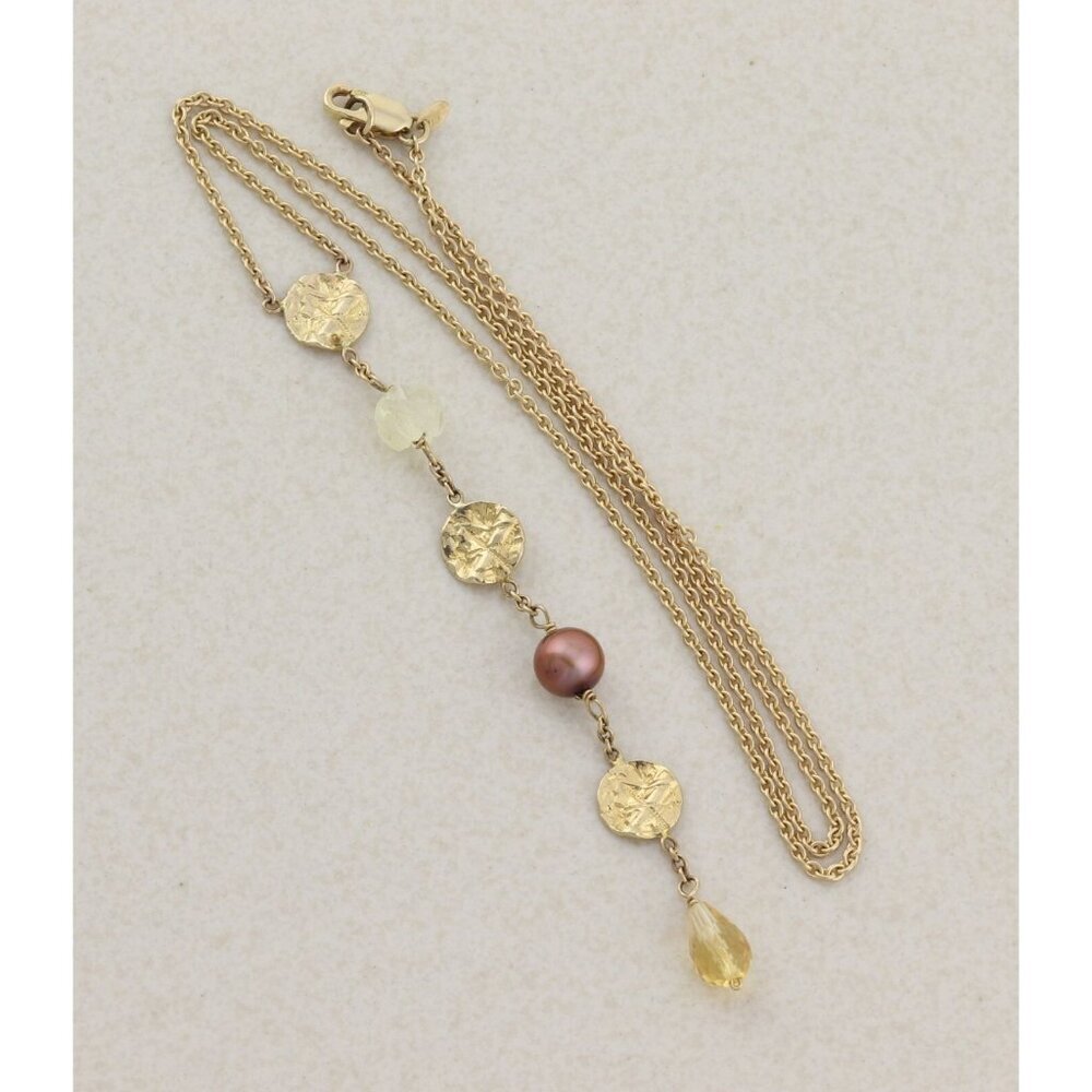 14k Yellow Gold Freshwater Brown Pearl, Quartz, Citrine Necklace Y Drop Lariat - Picture 3 of 8